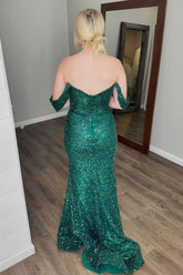 Mermaid Dark Green Prom Dress Off The Shoulder Long Formal Dress With Slit